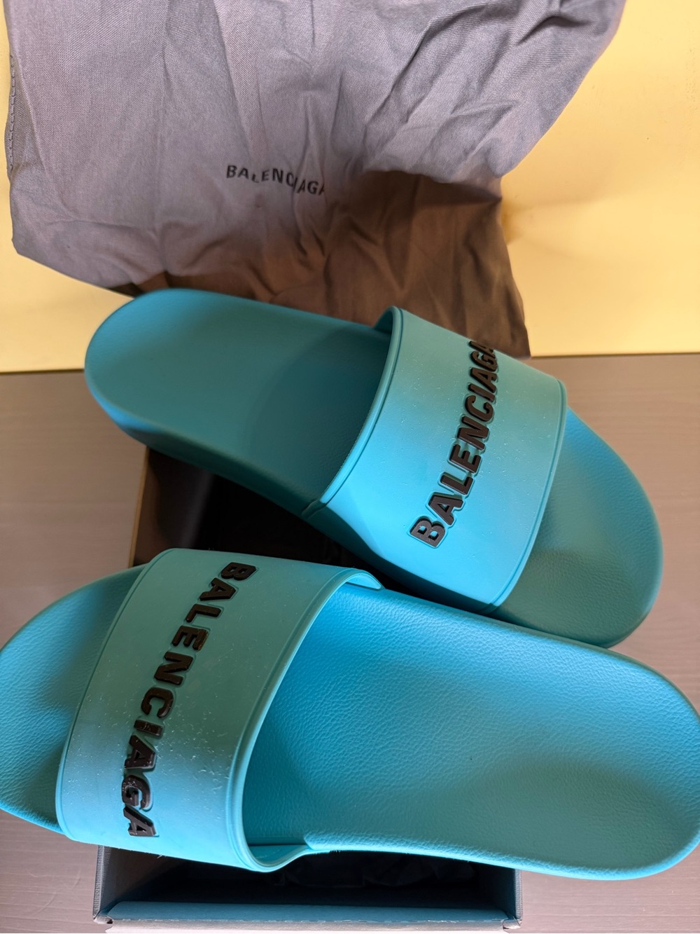 Balenciaga turquoise pool slides size 41, new w/ box and dust bag